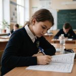 Структура контрольної роботи з англійської мови для 8 класу: чотири блоки завдань, готові приклади, розподіл балів і два дзеркальні варіанти.
