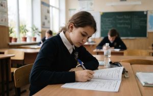 Структура контрольної роботи з англійської мови для 8 класу: чотири блоки завдань, готові приклади, розподіл балів і два дзеркальні варіанти.
